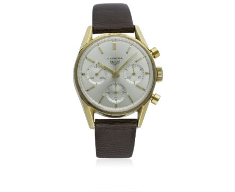 A RARE GENTLEMAN'S GOLD PLATED HEUER CARRERA CHRONOGRAPH WRIST WATCH CIRCA 1965, REF. 2448SD: Silver dial with gilt batons &a