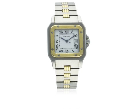 A GENTLEMAN'S STEEL &amp; GOLD CARTIER SANTOS AUTOMATIC BRACELET WATCH CIRCA 1990s D: White dial with Roman numerals &amp; in