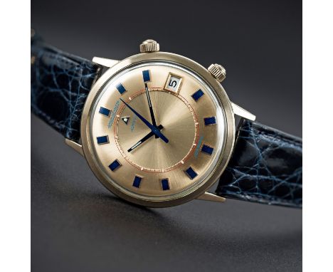 A RARE GENTLEMAN'S GOLD FILLED JAEGER LECOULTRE MEMOVOX AUTOMATIC ALARM WRIST WATCH CIRCA 1970D: Gold coloured dial with blue