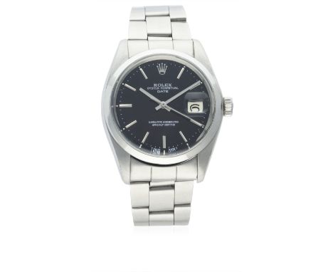 A GENTLEMAN'S STAINLESS STEEL ROLEX OYSTER PERPETUAL DATE BRACELET WATCH CIRCA 1977, REF. 1500
D: Black dial with silver bato