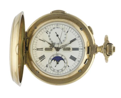 A RARE GENTLEMAN'S 14K SOLID GOLD FULL HUNTER QUARTER REPEATER TRIPLE CALENDAR MOONPHASE CHRONOGRAPH POCKET WATCH CIRCA 1880s