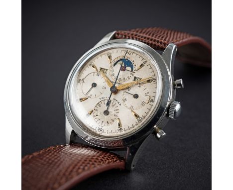 A RARE GENTLEMAN'S STAINLESS STEEL UNIVERSAL GENEVE TRI COMPAX MOONPHASE TRIPLE CALENDAR CHRONOGRAPH WRIST WATCH CIRCA 1950, 