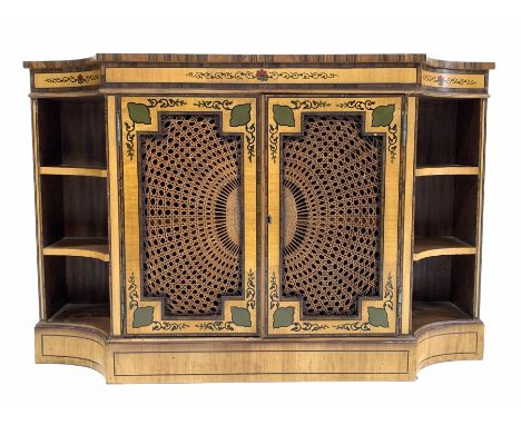 20th century Regency design satinwood side cabinet, the top with rosewood bands and ebonised string inlay over frieze with ha