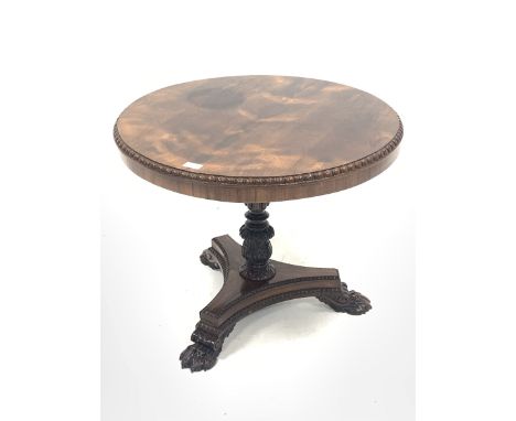 Regency design rosewood lamp table, circular top with egg and dart moulded edge over reeded and leaf carved upright leading t