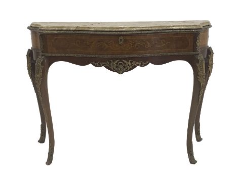 Mid 20th century French style walnut and mahogany veneered console table, the serpentine moulded marble top over frieze drawe