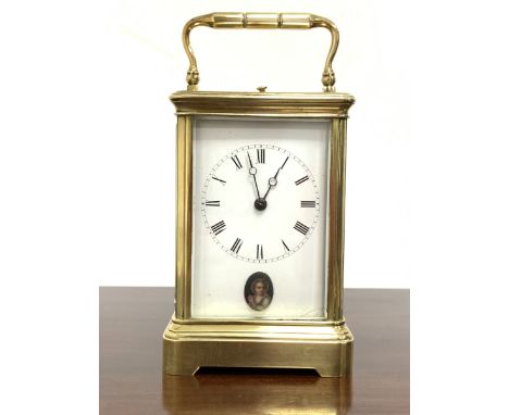 Late 19th century brass repeating carriage clock, white enamel dial with Roman numeral chapter ring, eight day movement strik