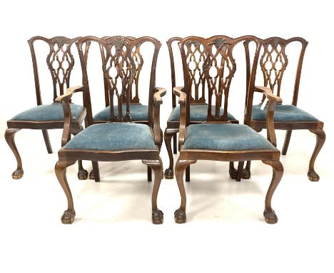 Set six (4+2) early 20th century mahogany Chippendale style dining chairs, shaped cresting rail over pierced and floral carve