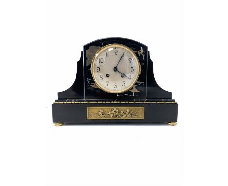 Victorian marble mantle clock, the arched case with variegated marble and a hammered brass panel depicting cherubs, the eight