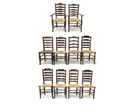 Matched set ten (8+2) 19th century ladder back dining chairs, with rush seats, raised on turned supports united by stretchers
