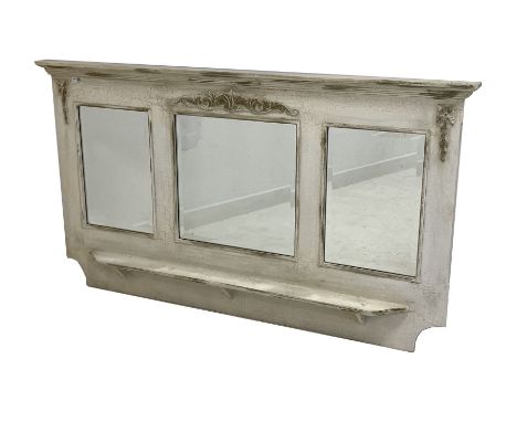 Classical painted three glass overmantle wall mirror, with bevelled plates and open shelf