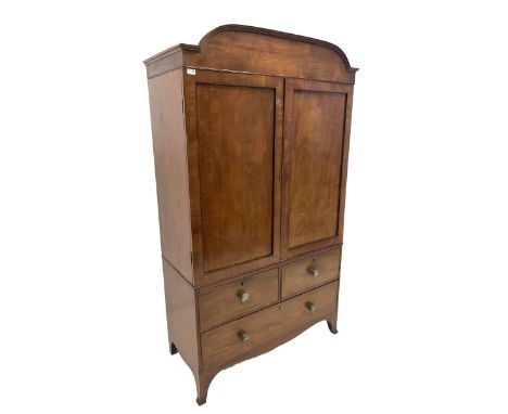 19th century mahogany linen press, arched cornice over two doors enclosing interior fitted for hanging, one short and one lon