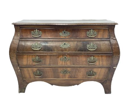19th century Dutch mahogany and walnut Bombe chest, cross banded serpentine top over four drawers, raised on bracket supports