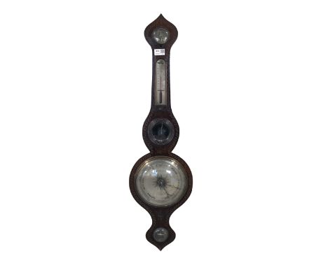 Victorian inlaid rosewood barometer, thermometer and hydrometer in banjo pattern case with silvered registers H95cm