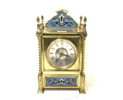 Late 19th century brass bracket clock, the case with cloisonn� panels, floral finials and spiral cast pilasters, bevel glazed