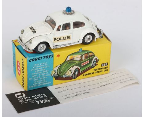 Scarce Corgi Toys 492 Volkswagen Swiss Export Police Car, white body, tan interior ‘Polizei’ transfers, to doors, label to bo