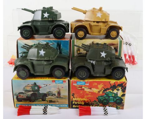 Four Telsalda Toys Empire Made, Military Armoured Rocket Launchers, plastic bodies, working friction motors,  Model No. 25102