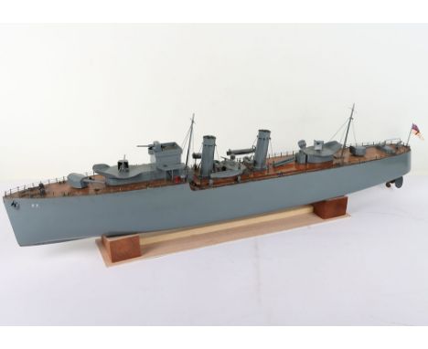 A Bassett-Lowke working remote control scale model of a F7 Navy Destroyer, 1936, hand carved grey painted hull and satin wood
