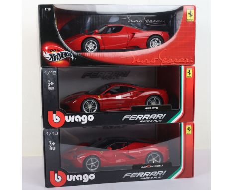 Three Ferrari Sports Car Models 1:18 Scale, Hot Wheels Ferrari Dino, Burago 488 GTB and La Ferrari, all in mint boxed conditi