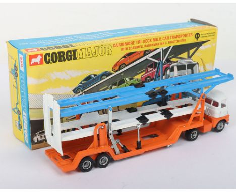 Corgi Major Toys 1146 Carrimore Tri-Deck MK.V Car Transporter with Scammell Handyman MK.3 Tractor Unit, orange/white/blue, re