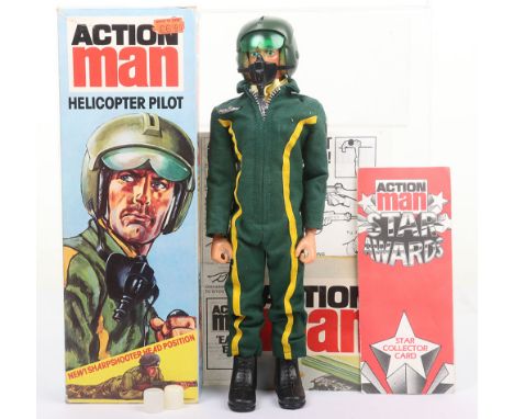 Palitoy Vintage Action Man Boxed Helicopter Pilot, 34033  brown flocked hair, eagle eyed, gripping hands doll, in excellent o