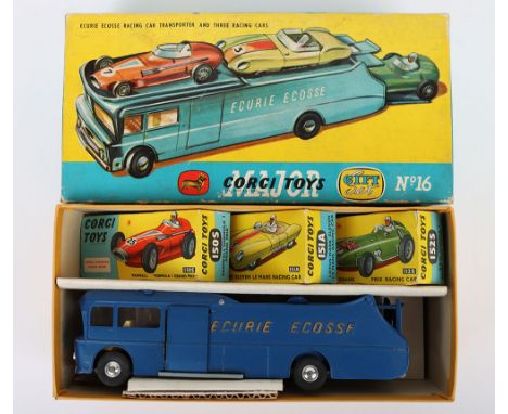 Corgi Toys Gift Set No 16 Ecurie Ecosse Racing Car Transporter 1st issue contains: metallic dark blue transporter, orange let