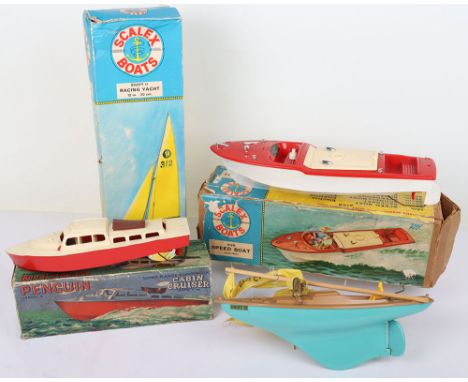 Penguin and Scalex boats, Penguin red and cream series 4 c/w Cabin Cruiser, good working condition slight bowing to hatch cov