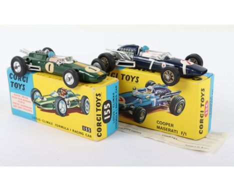 Two Corgi Toys Formula 1 Racing Cars, 155 Roger Clarkes Lotus Climax Formula 1 Racing Car, green body, driver no  ‘1’ spun wh