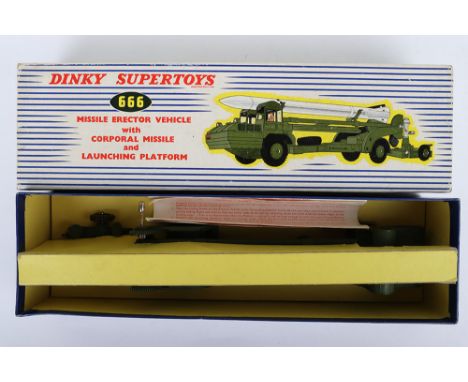 Dinky Supertoys 666 Missile Erector vehicle with Corporal missile and launching platform, white missile, with black fins, bla