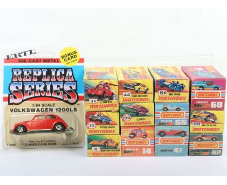 Twelve Matchbox Lesney Superfast Models, 4e Gruesome Twosome, gold body, purple glass, near mint, box vg, 10e Piston Popper R