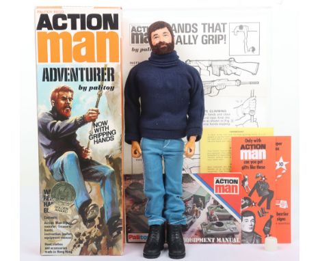 Action Man Boxed Vintage Adventurer by Palitoy, Cat No.34053 with realistic brown hair/beard, gripping hands, contents: Actio