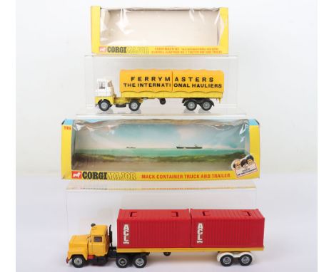 Two Corgi Major Toys Commercial Vehicles, 1106 Mack Container Truck ACL, yellow cab/trailer, red interior, red containers, me