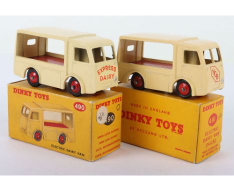 Two Dinky Toys Electric Dairy Vans, 490 Electric Dairy Van cream/red body, red wheel hubs Express Dairy and 491 Electric Dair