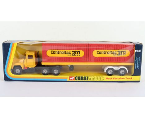 Corgi Toys 1106 Mac Container Truck ‘Controltac Film 3M Promotional Model, yellow cab/trailer, two red plastic containers, ‘C