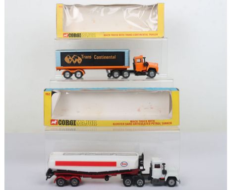 Two Corgi Major Toys Commercial Vehicles, 1100 Mack Truck with Trans Continental Trailer, orange cab, red interior, orange ch