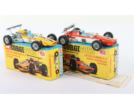 Two Boxed Corgi Toys Racing Cars, 158 Lotus Climax Formula 1 Racing Car, orange / white body, blue driver, controlled steerin