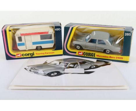 Corgi 285 Mercedes-Benz 240D Saloon Car, silver body, blue interior, detailed chrome plastic wheels and 490 Touring Caravan, 