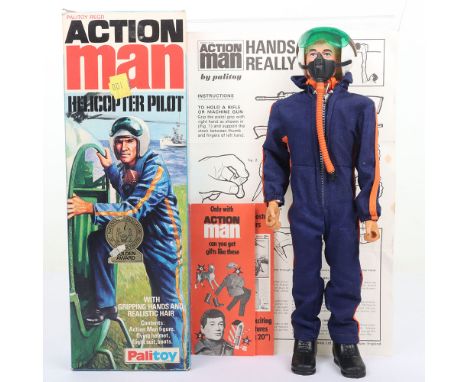 Palitoy Vintage Action Man Boxed Helicopter Pilot, 34059 blond flocked hair, gripping hands figure, in excellent original con