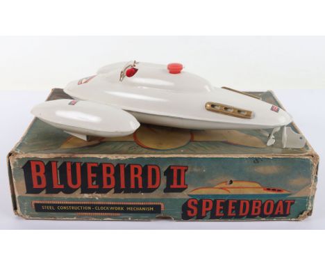 Sutcliffe boxed Bluebird II Speedboat, circa 1958, white/cream body, gold windscreen support, with windscreen, Union Jacks an