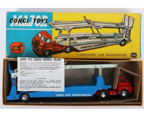 Corgi Major Toys 1101 Bedford S Carrimore Car Transporter, red cab, silver trim, blue/silver/ pale green back, flat spun whee