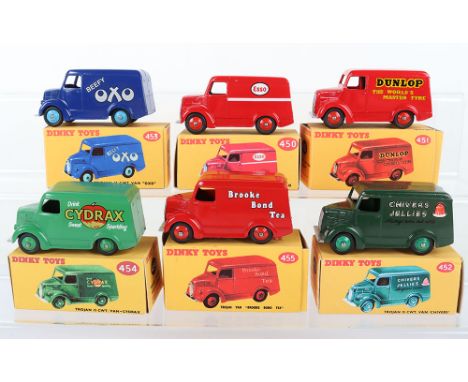 Six Dinky Toys Trojan Vans, 450 Esso, 451 Dunlop Tyres, 452 Chivers, 453 OXO, 454 Cydrax and 455 Brooke Bond Tea all expertly