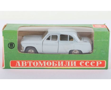 Novexport (Russian)  No A7 Moskvitch 403 Diecast Model, 1:43 scale, light grey body, black metal base, cream interior, detail