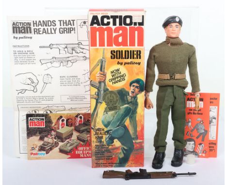 Action Man Boxed Vintage Soldier by Palitoy, Cat No.34052 with realistic blond hair, gripping hands, contents: Action man Fig