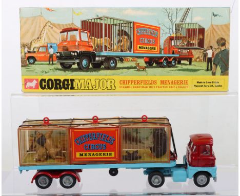 Corgi Major Toys 1139 Chipperfield’s Circus Menagerie Scammel Handyman MK.3 Tractor Unit & Trailer, blue/red body, with three