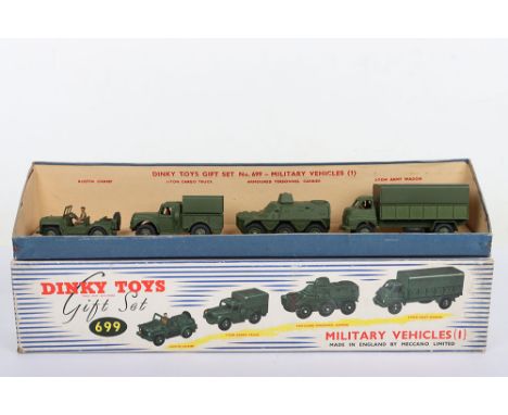 Dinky Toys Gift Set 699 Military Vehicles (1) contents, 621 3-Ton Bedford Army Wagon, 641 1-Ton Cargo Truck, 674 Austin Champ