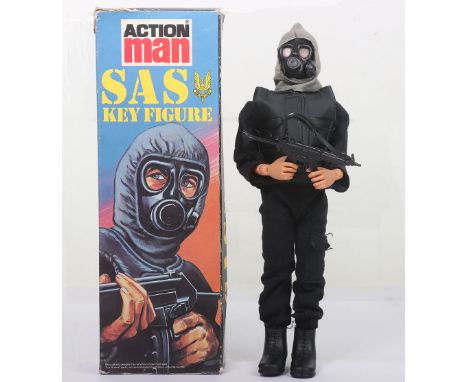 Boxed Original Palitoy Action Man SAS Key Figure, circa 1980, brown flocked hair, eagle eyed, gripping hands, doll, with comb