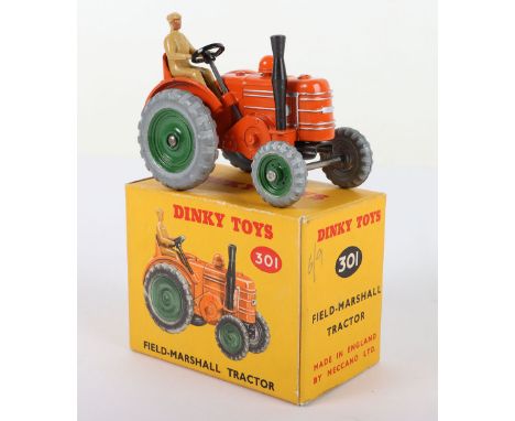 Dinky Toys 301 Field Marshall Tractor, orange body, tan driver, green metal wheel hubs, in mint original condition, outer car