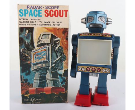 Video Robot Battery Operated SH Horikawa Japan, blue/red/gold lithographed tin plate/plastic body, with large screen to chest