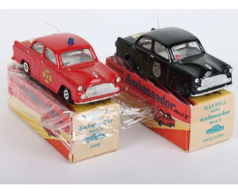 Two Maxwell Toys India Ambassador Mark II Fire/Police Cars, No. 520 Fire, red body, light blue base, Fire Service decal to fr
