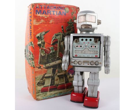 Rotator Crazy Eyes Robot SH Horikawa Japan, circa late 1960’s, battery operated, in silver, lithographed tin plate body ,red 