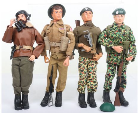 Four Action Man Dressed Dolls, Action Soldier, on blond flocked hair eagle eyed doll, (missing strap on SLR) blond flocked ha